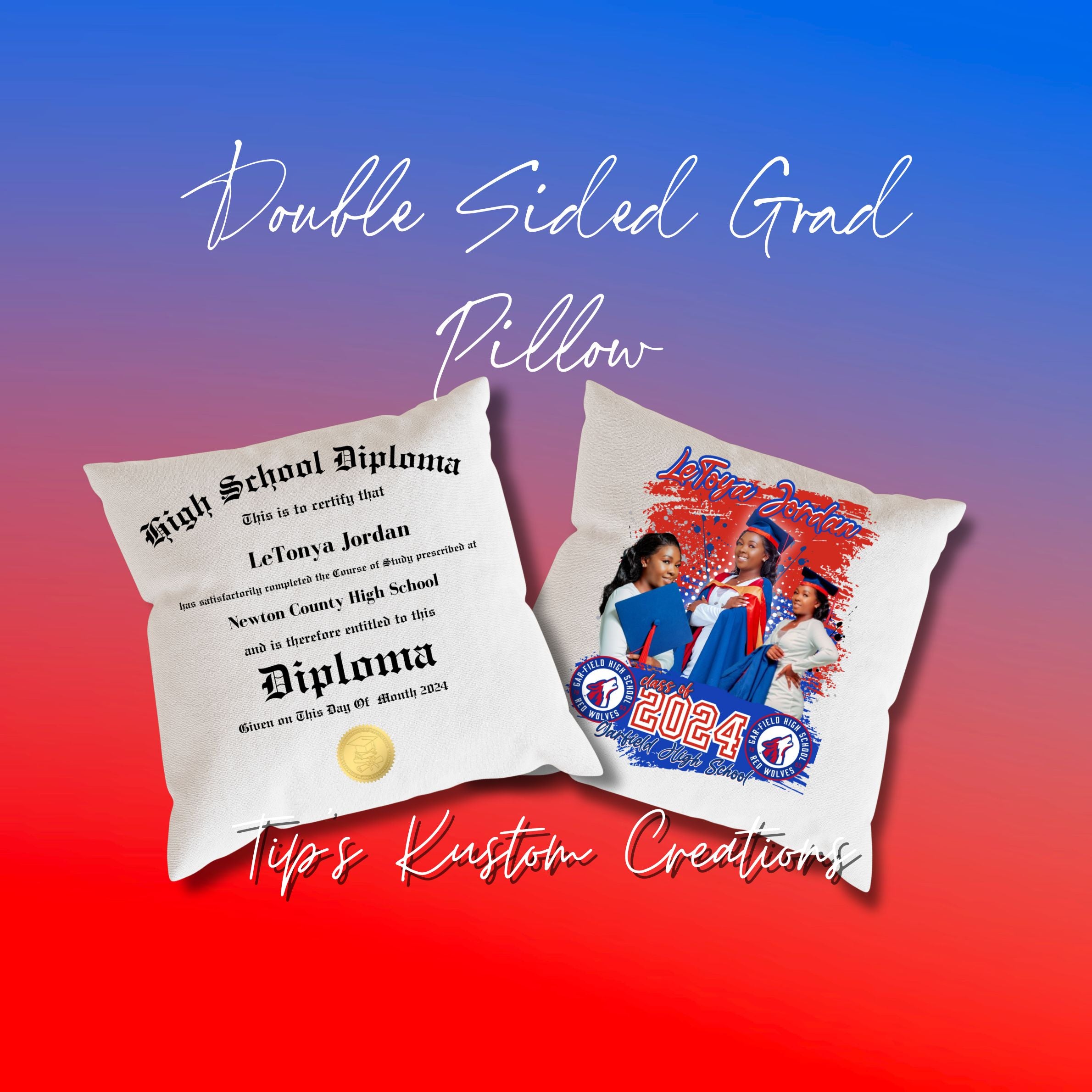 Custom Double-Sided Graduation Pillow - Diploma & Graduate Photo - 15x15 inches