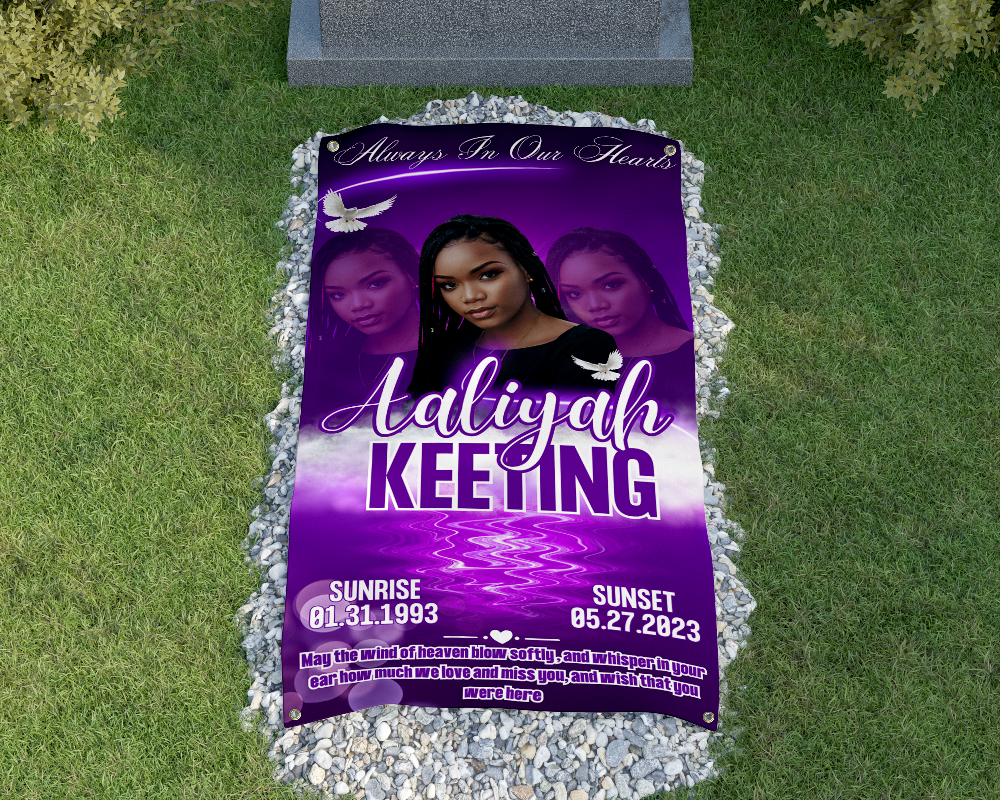 Custom Grave Blanket 3x6Custom photo grave blanket that covers the ground above a grave. These grave blankets can be customized with different photos and colors. Made with a waterproof and 